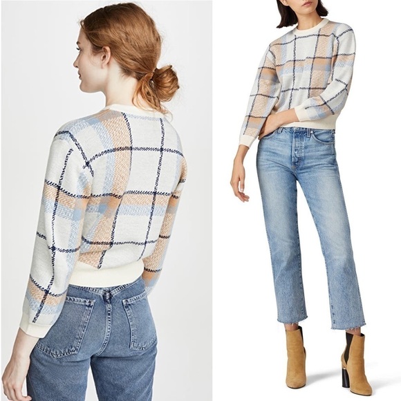 JOIE Wool Plaid Check Knit 3/4 Long Sleeve Crewneck Cropped Pullover Sweater XS - Picture 3 of 14